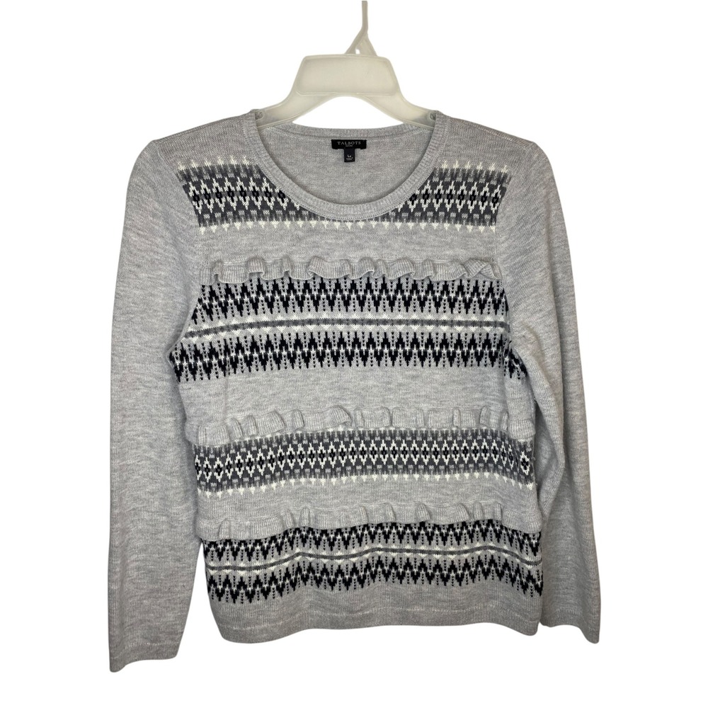 Talbots Petites Grey Lambswool Blend Ruffle Fair Isle Pullover Sweater LP L